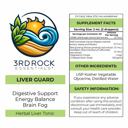 3RDRock Essentials Liver Guard supplement label panel with ingredients and safety info