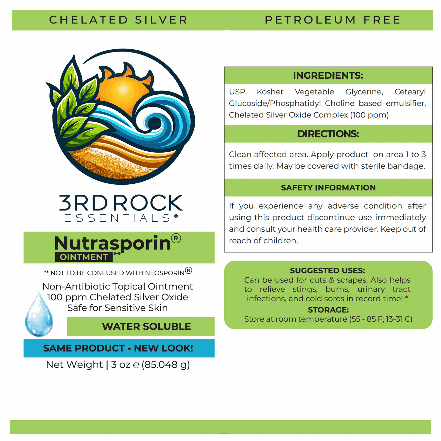 Nutrasporin ointment label panel with chelated silver and ingredients information