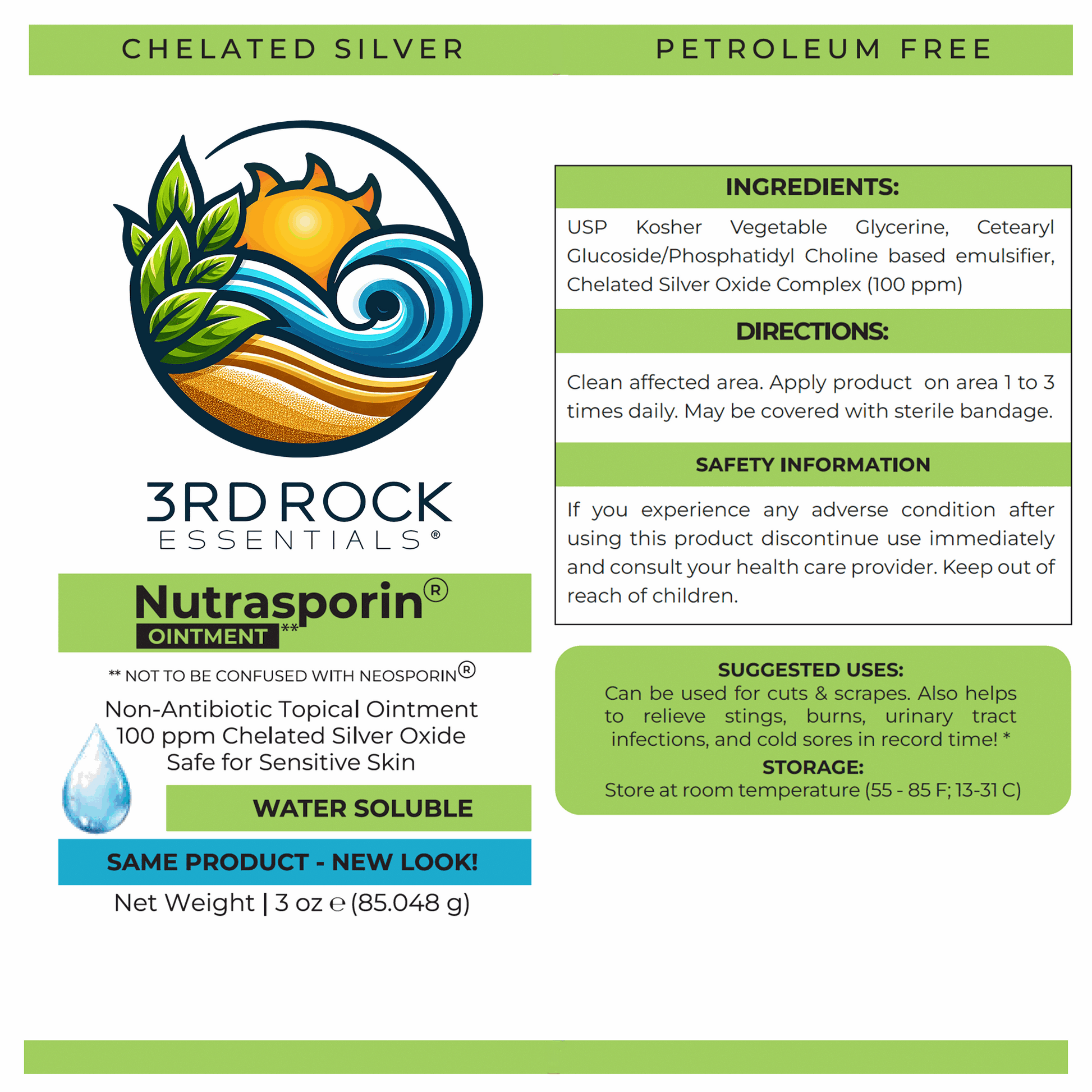Nutrasporin ointment label panel with chelated silver and ingredients information