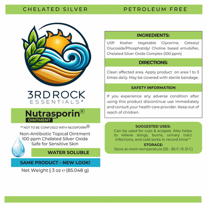 Nutrasporin ointment label panel with chelated silver and ingredients information