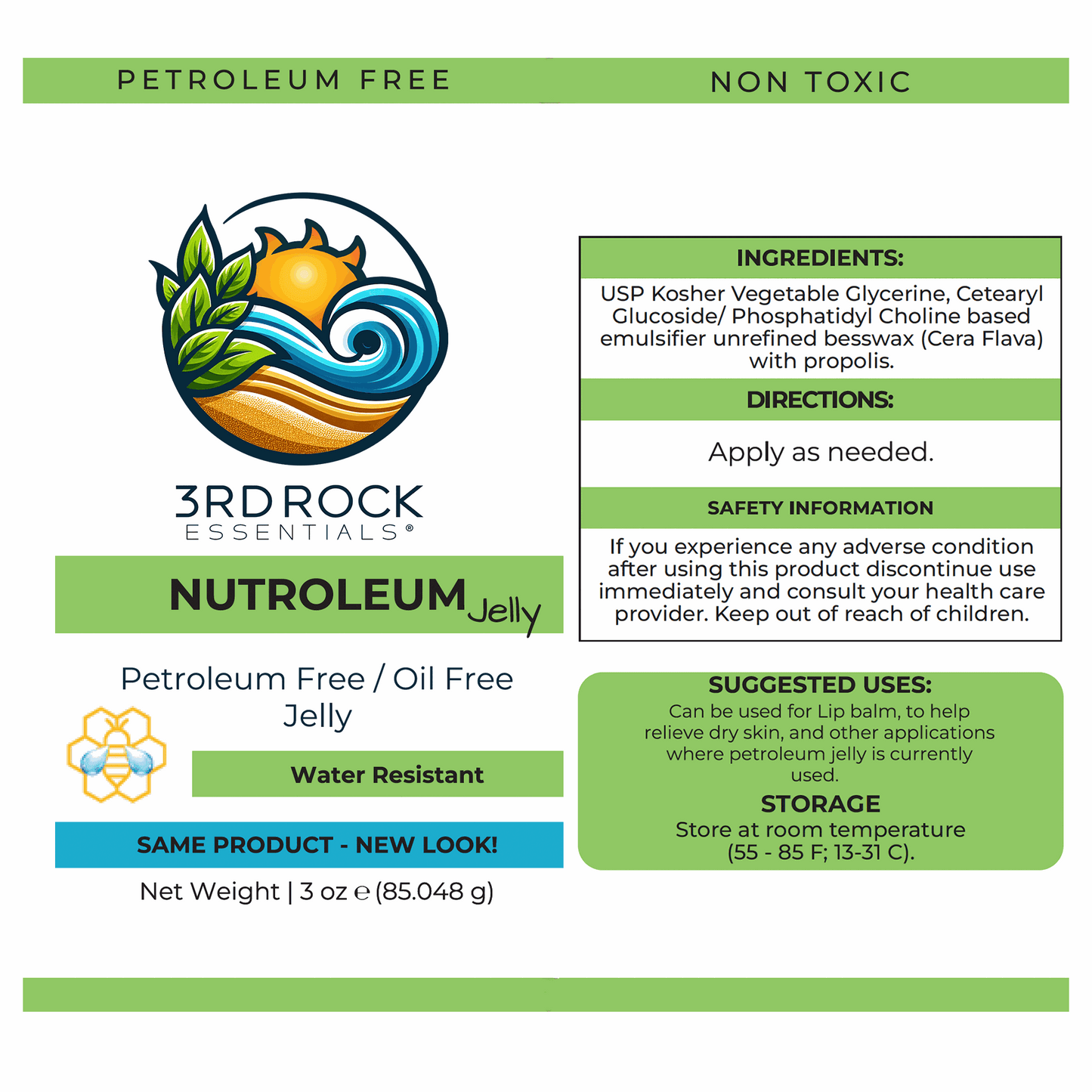 Nutroleum Jelly packaging panel with ingredients and directions, green and white layout