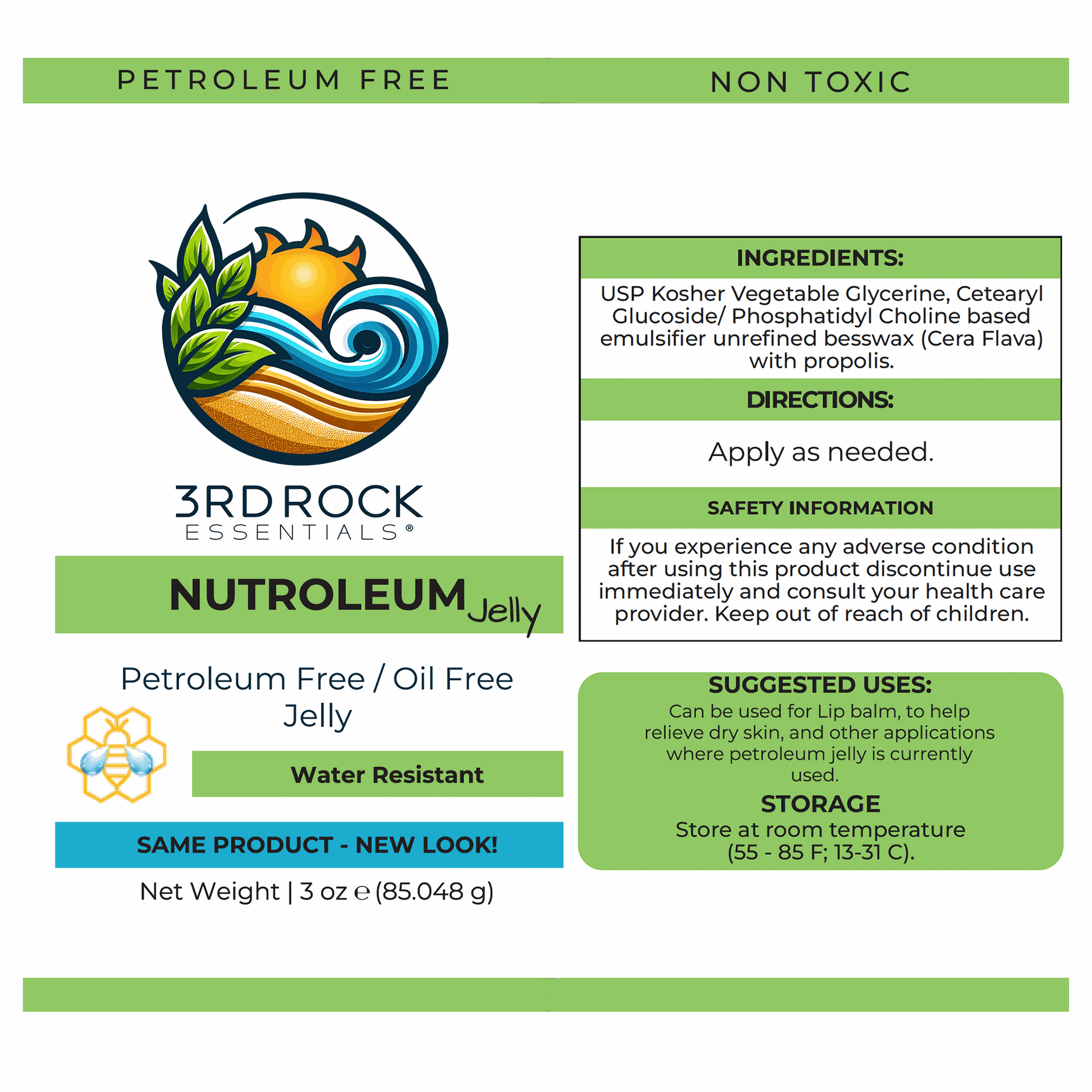 Nutroleum Jelly packaging panel with ingredients and directions, green and white layout