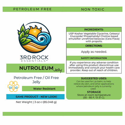 Nutroleum Jelly packaging panel with ingredients and directions, green and white layout