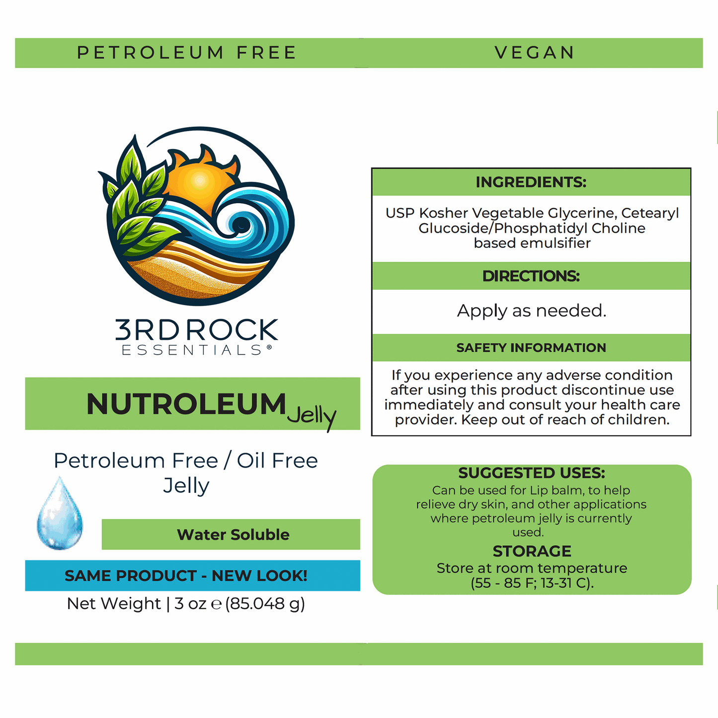 Water-soluble jelly alternative label panel with ingredients and directions layout
