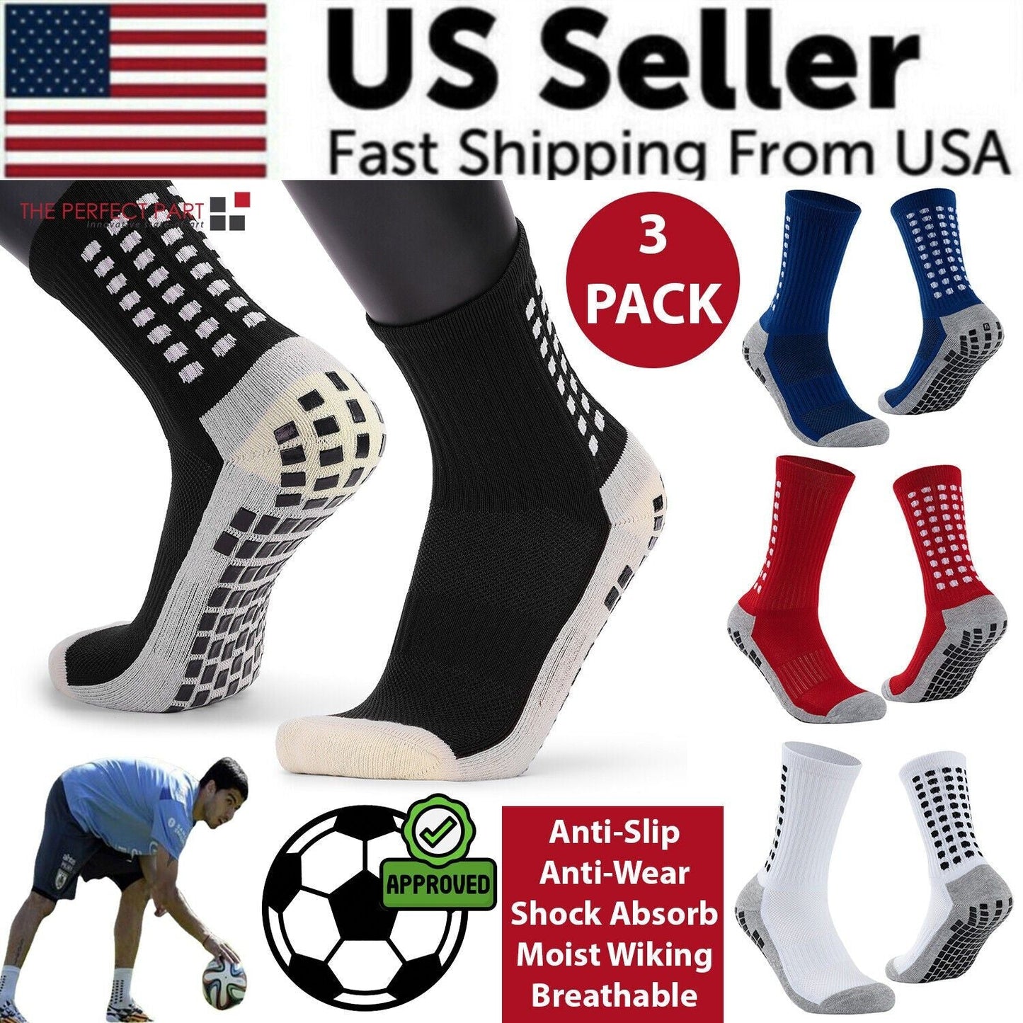 3 Pair Sport Socks Anti Slip W/ Grip Soccer Men Football Basketball Sock Premium - Renee Lane Company