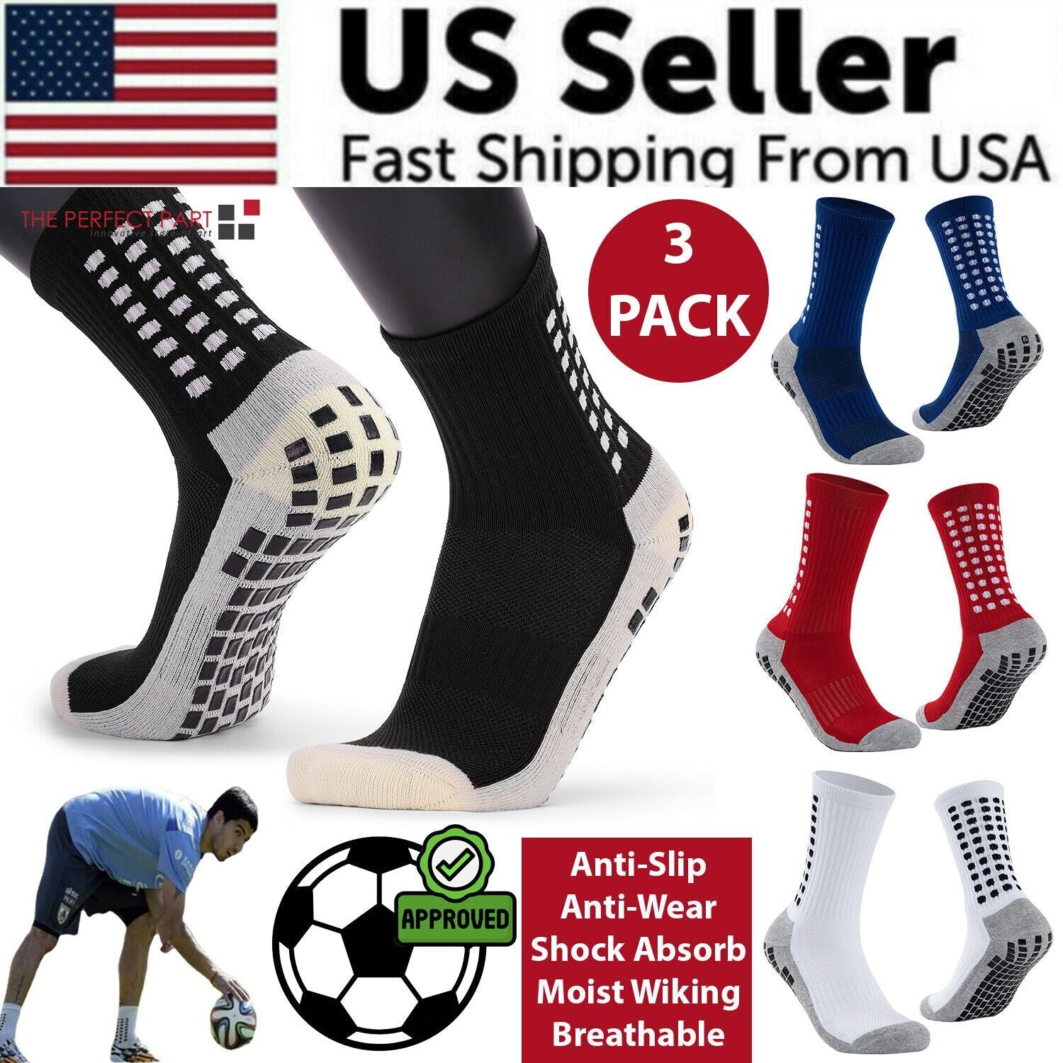 3 Pair Sport Socks Anti Slip W/ Grip Soccer Men Football Basketball Sock Premium - Renee Lane Company