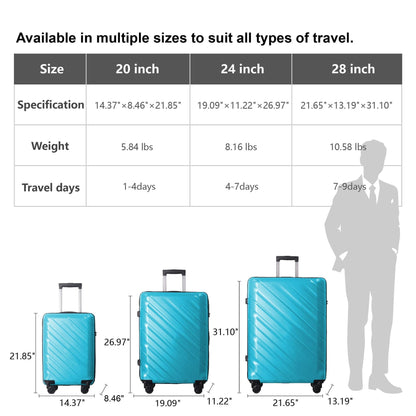 3-Piece Luggage Sets (20", 24", 28"), Suitcase with Wheels, Hardside Suitcase With Four Spinner Wheels and Scratch-Resistant Surface, Peacock Blue - Renee Lane Company