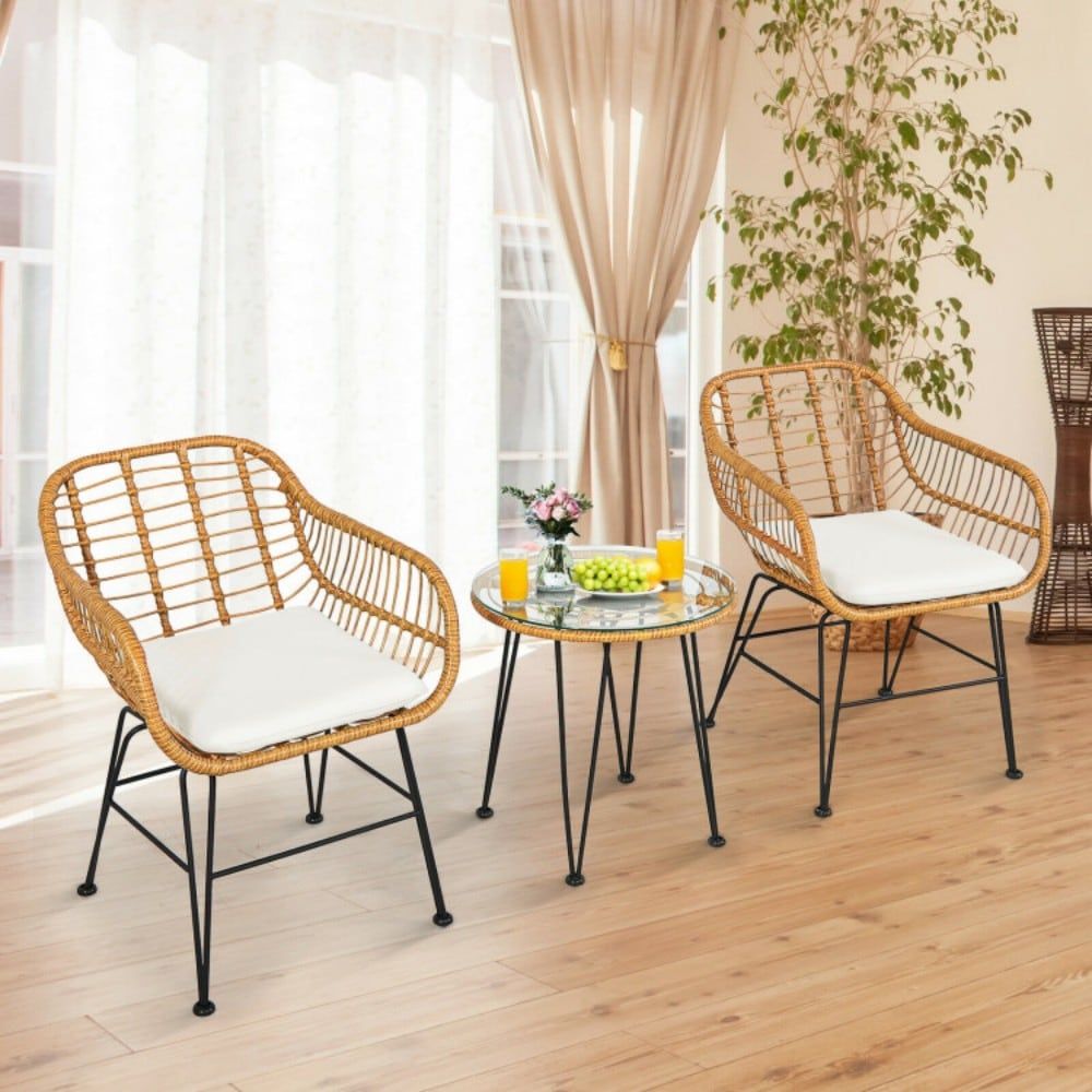 3 Pieces Rattan Furniture Set with Cushioned Chair Table - Renee Lane Company