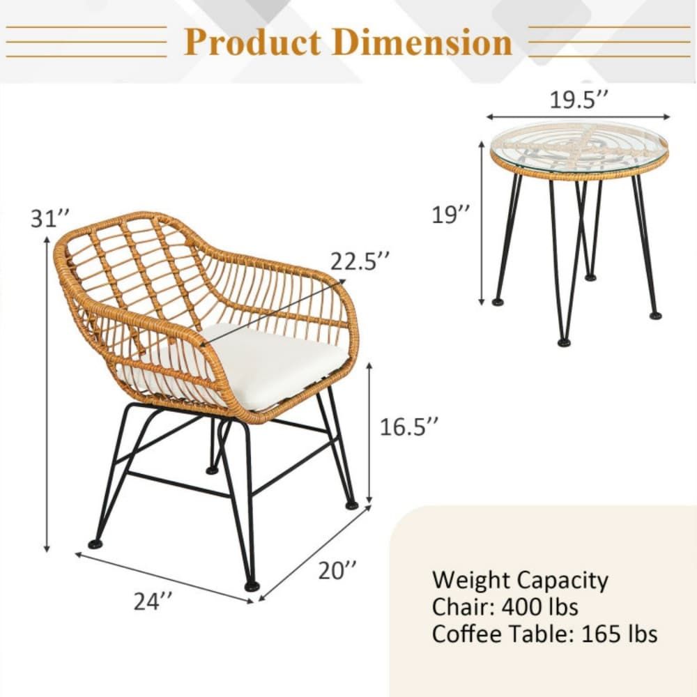 3 Pieces Rattan Furniture Set with Cushioned Chair Table - Renee Lane Company