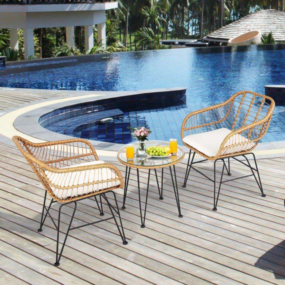 3 Pieces Rattan Furniture Set with Cushioned Chair Table - Renee Lane Company