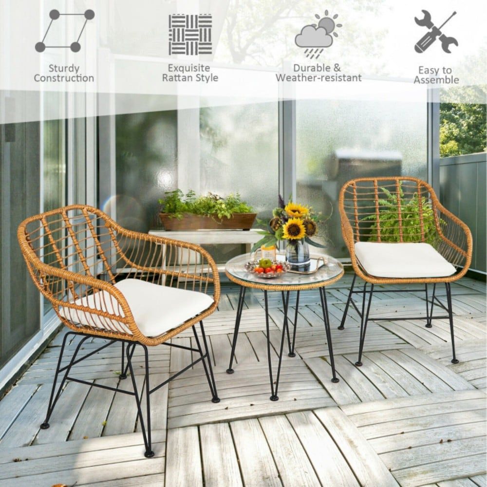 3 Pieces Rattan Furniture Set with Cushioned Chair Table - Renee Lane Company