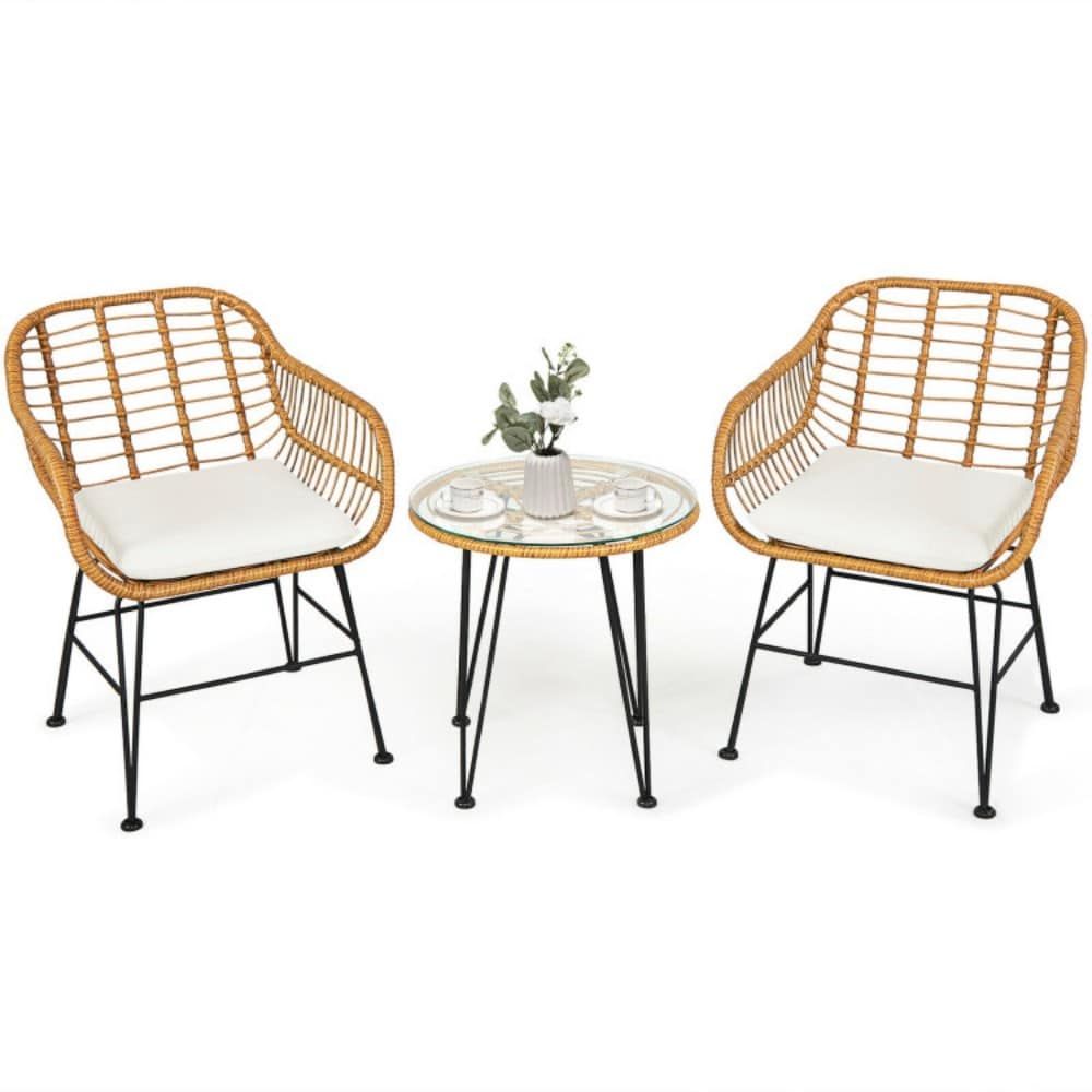 3 Pieces Rattan Furniture Set with Cushioned Chair Table - Renee Lane Company