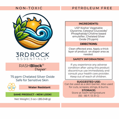 RASHBlock diaper label panel showing 75 ppm chelated silver oxide and water-resistant directions