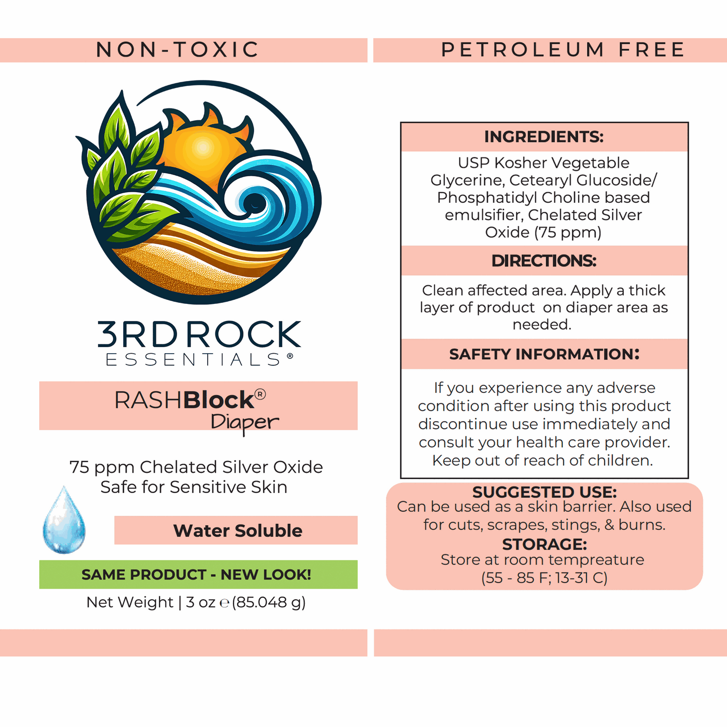 RASHBlock Diaper ointment label panel with ingredients and directions