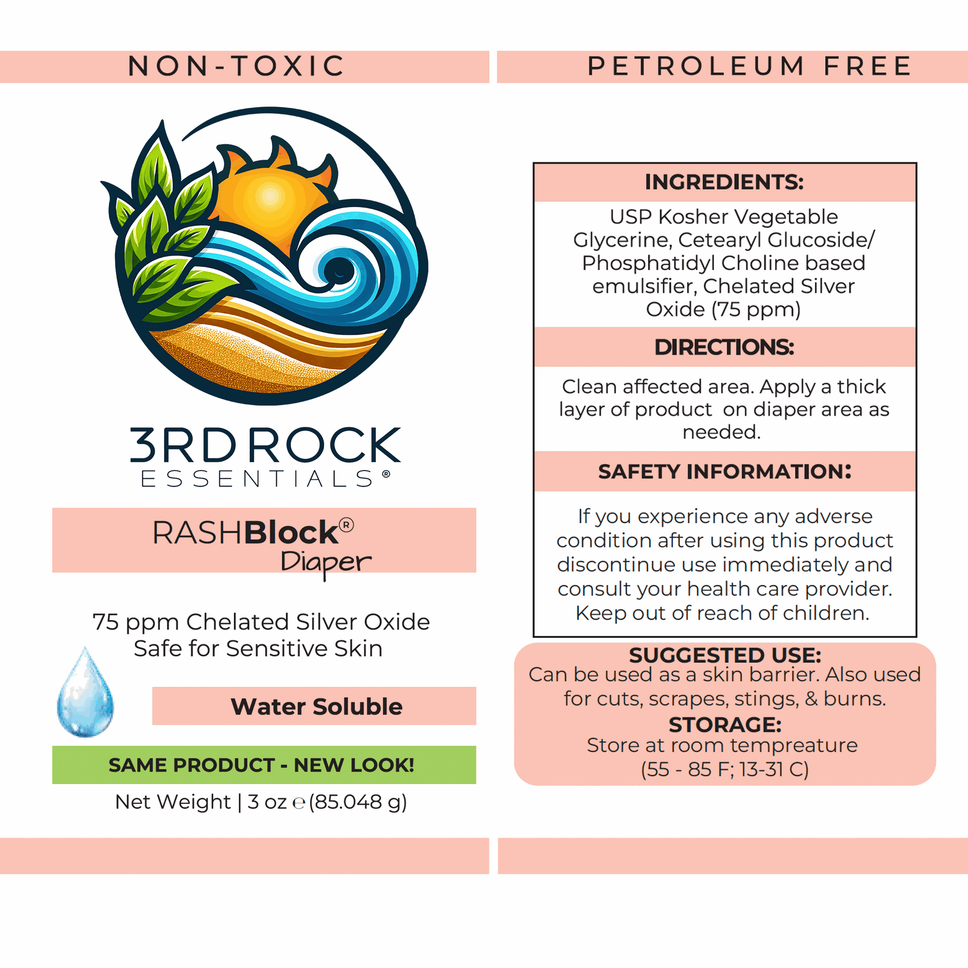 RASHBlock Diaper ointment label panel with ingredients and directions