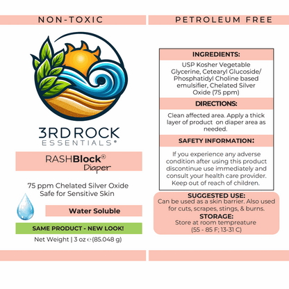 RASHBlock Diaper ointment label panel with ingredients and directions
