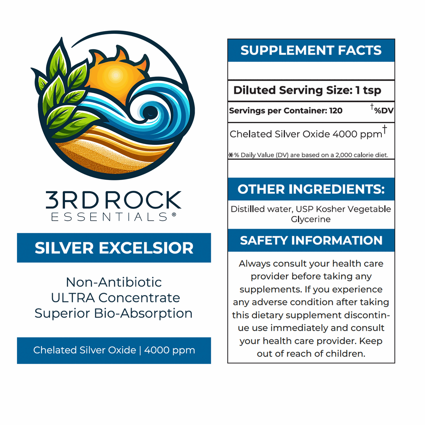 Silver serum supplement label panel with supplement facts and ingredients