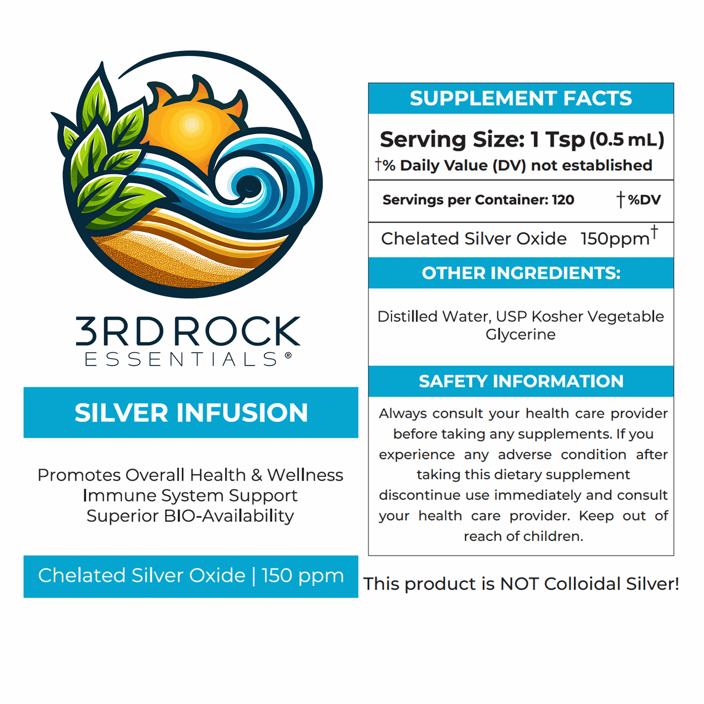 Silver infusion supplement label graphic with 3rd Rock Essentials branding