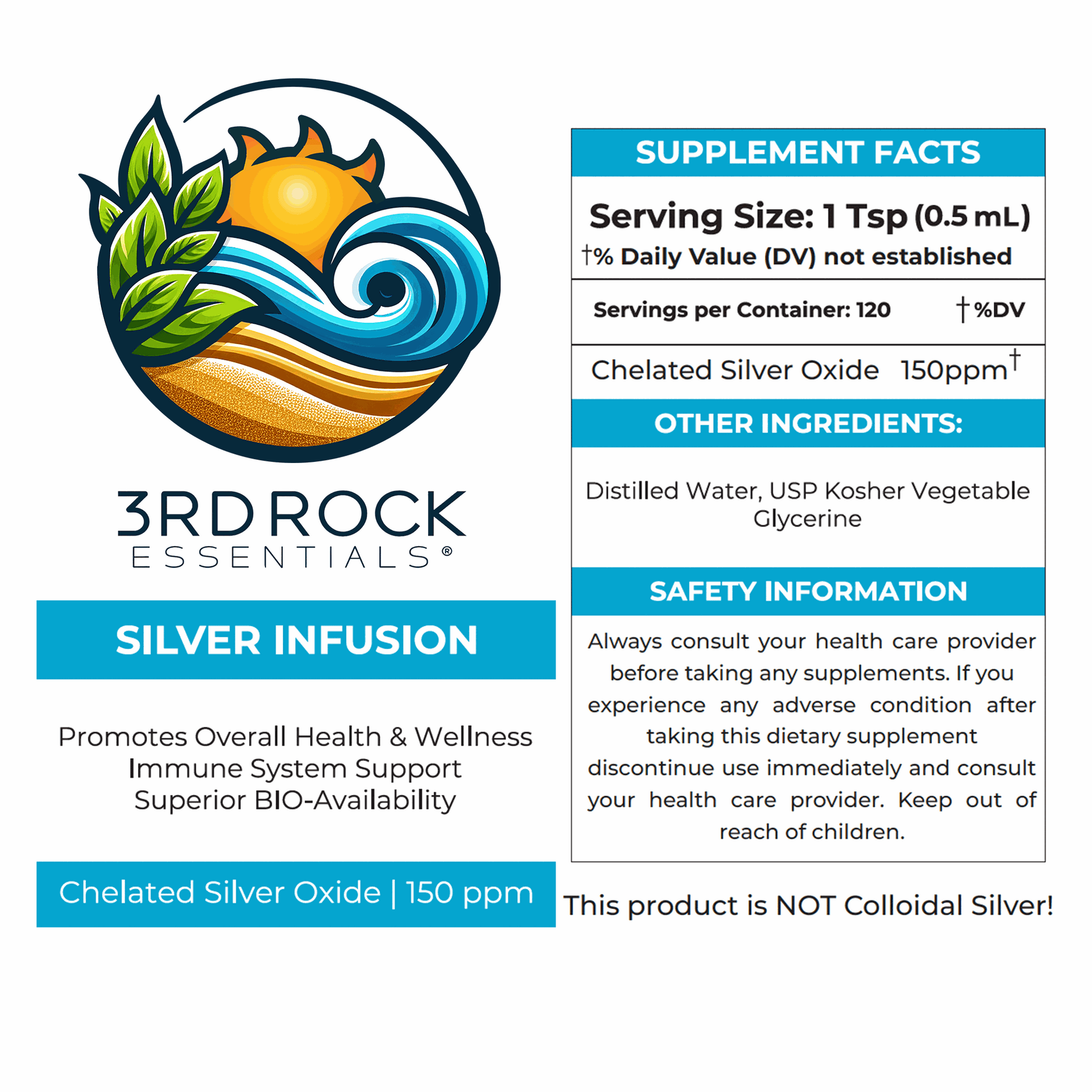 Silver infusion supplement label graphic with 3rd Rock Essentials branding