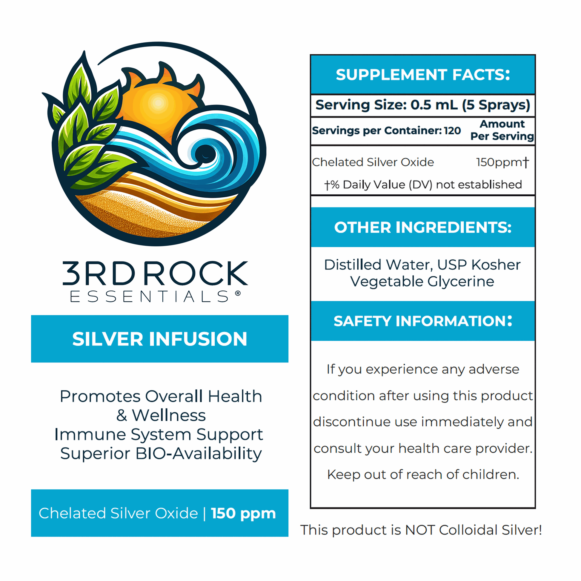 Silver infusion supplement facts label with chelated silver oxide 150 ppm.