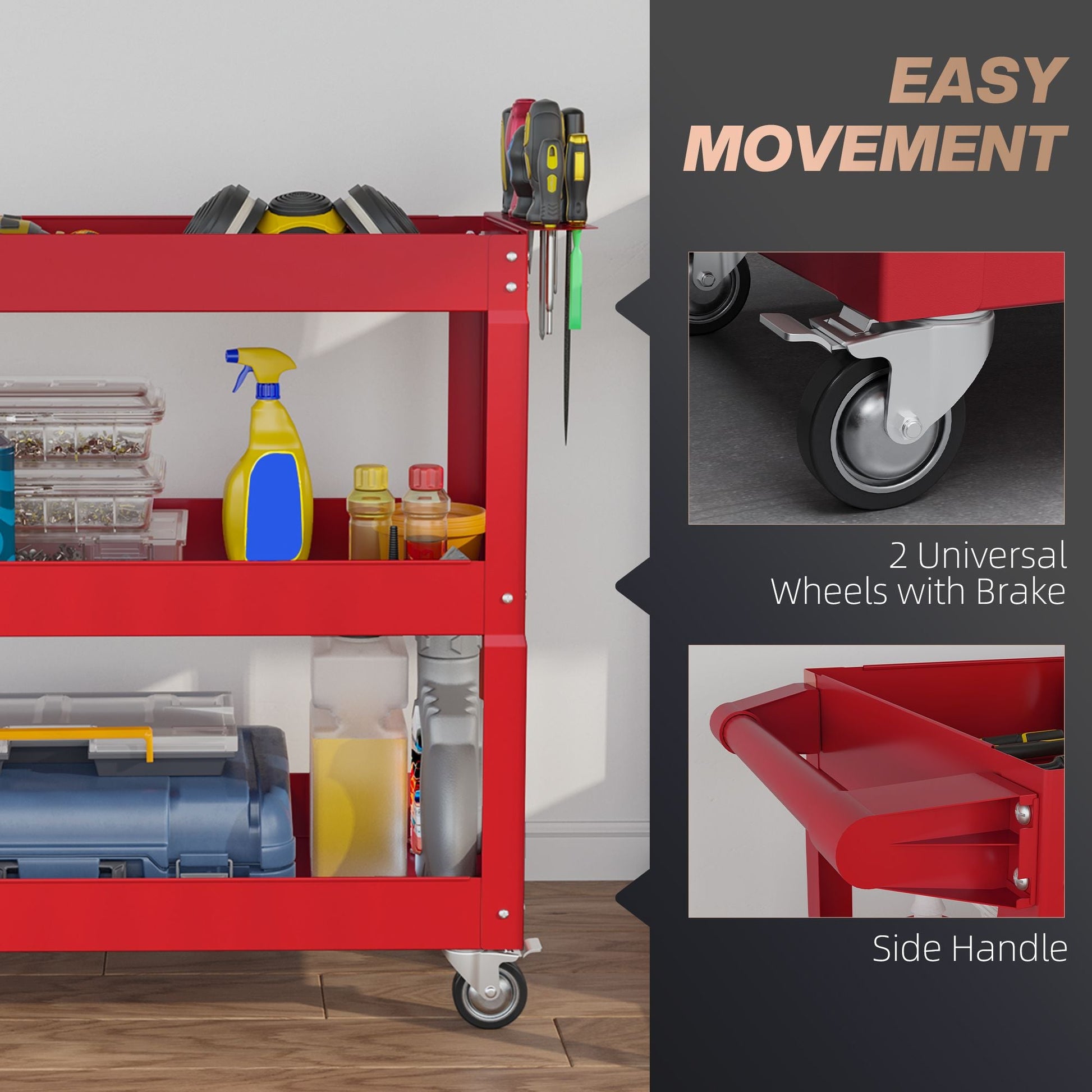 3 Tier Rolling Tool Cart with Wheels, 330 LBS Capacity Heavy Duty Utility Cart, Mobile Service Cart for Garage, Red - Renee Lane Company