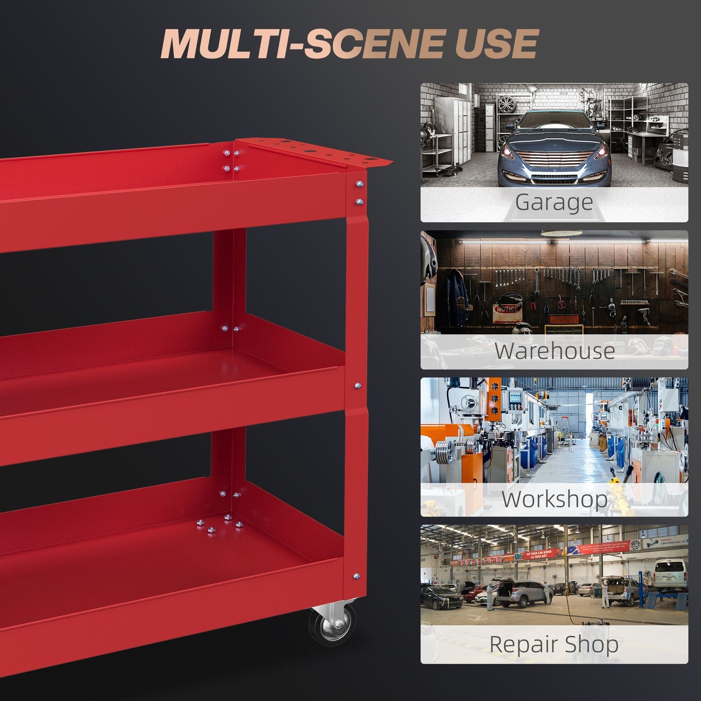 3 Tier Rolling Tool Cart with Wheels, 330 LBS Capacity Heavy Duty Utility Cart, Mobile Service Cart for Garage, Red - Renee Lane Company