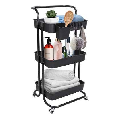 3 Tier Rolling Utility Cart Movable Storage Organizer with Mesh Baskets Lockable Wheels 360 Degree Rotatable Hanging Box Hooks Bedroom Bathroom Kitchen - Renee Lane Company