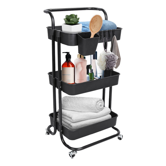 3 Tier Rolling Utility Cart Movable Storage Organizer with Mesh Baskets Lockable Wheels 360 Degree Rotatable Hanging Box Hooks Bedroom Bathroom Kitchen - Renee Lane Company