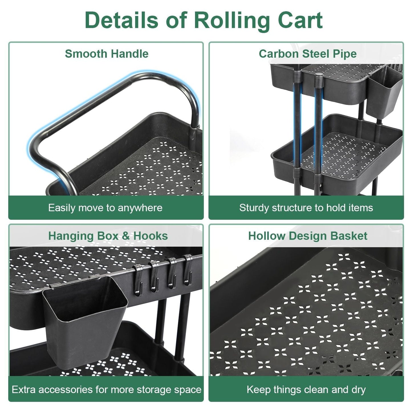 3 Tier Rolling Utility Cart Movable Storage Organizer with Mesh Baskets Lockable Wheels 360 Degree Rotatable Hanging Box Hooks Bedroom Bathroom Kitchen - Renee Lane Company