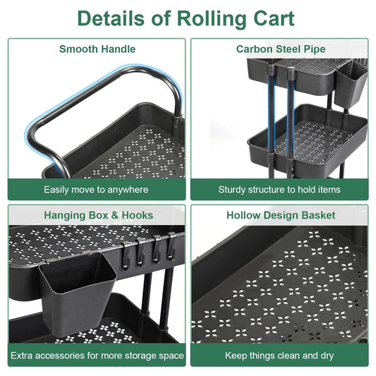 3 Tier Rolling Utility Cart Movable Storage Organizer with Mesh Baskets Lockable Wheels 360 Degree Rotatable Hanging Box Hooks Bedroom Bathroom Kitchen - Renee Lane Company