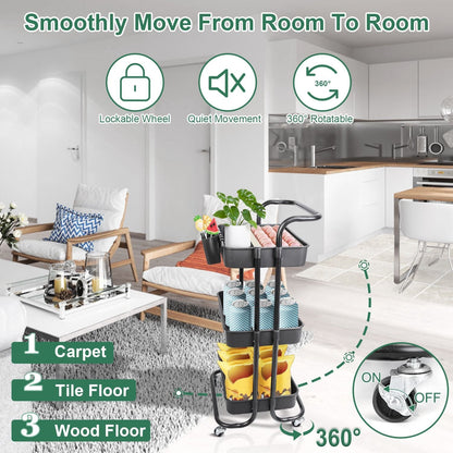 3 Tier Rolling Utility Cart Movable Storage Organizer with Mesh Baskets Lockable Wheels 360 Degree Rotatable Hanging Box Hooks Bedroom Bathroom Kitchen - Renee Lane Company