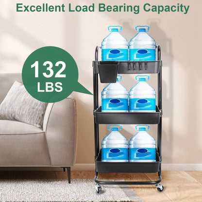 3 Tier Rolling Utility Cart Movable Storage Organizer with Mesh Baskets Lockable Wheels 360 Degree Rotatable Hanging Box Hooks Bedroom Bathroom Kitchen - Renee Lane Company