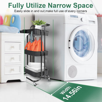 3 Tier Rolling Utility Cart Movable Storage Organizer with Mesh Baskets Lockable Wheels 360 Degree Rotatable Hanging Box Hooks Bedroom Bathroom Kitchen - Renee Lane Company