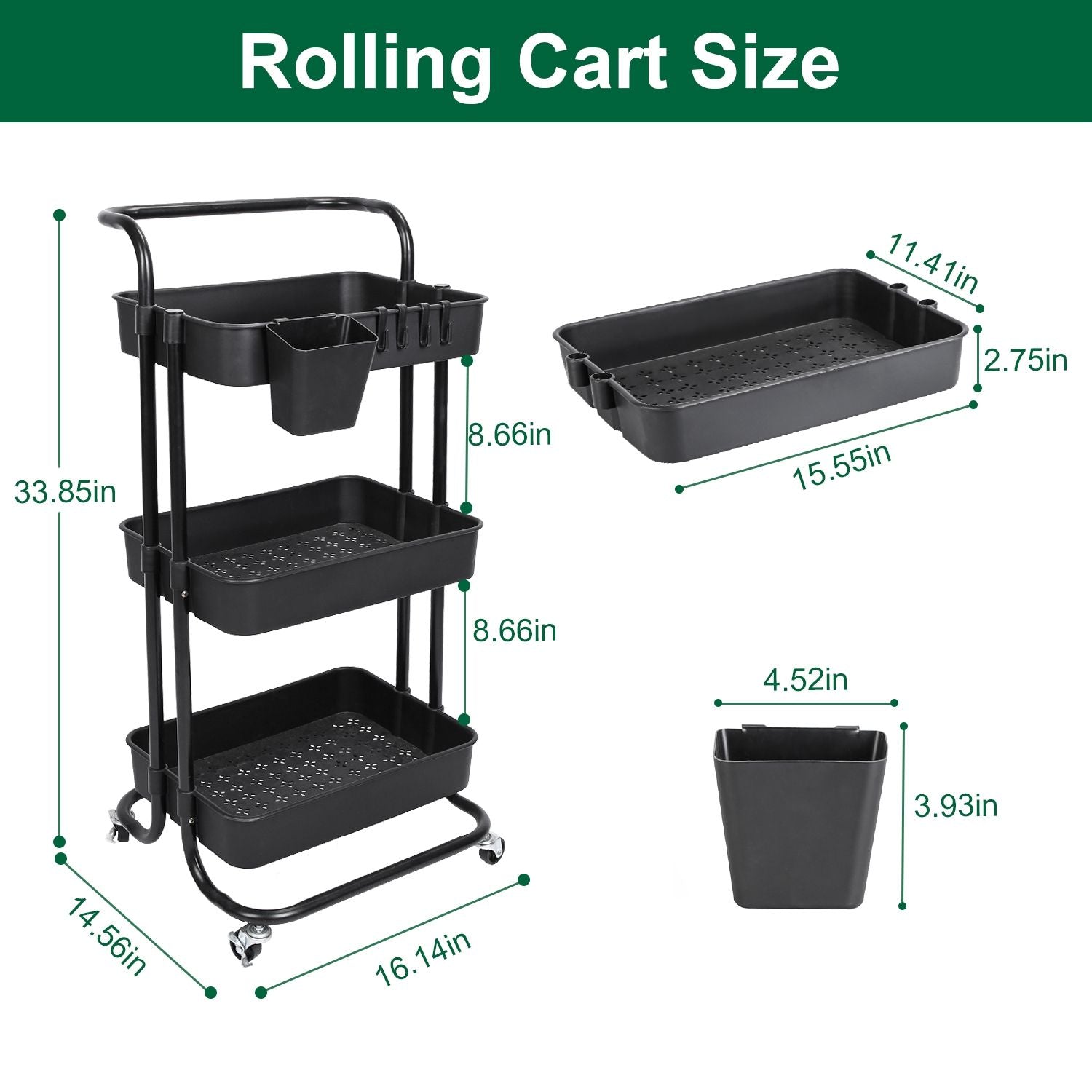 3 Tier Rolling Utility Cart Movable Storage Organizer with Mesh Baskets Lockable Wheels 360 Degree Rotatable Hanging Box Hooks Bedroom Bathroom Kitchen - Renee Lane Company