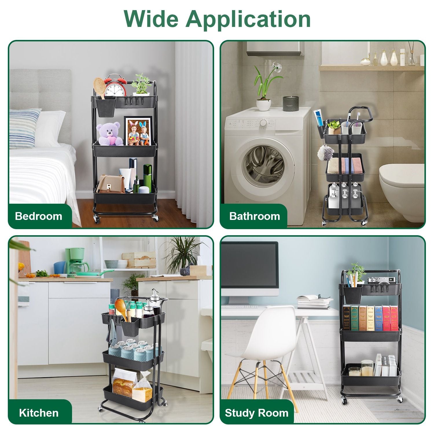 3 Tier Rolling Utility Cart Movable Storage Organizer with Mesh Baskets Lockable Wheels 360 Degree Rotatable Hanging Box Hooks Bedroom Bathroom Kitchen - Renee Lane Company