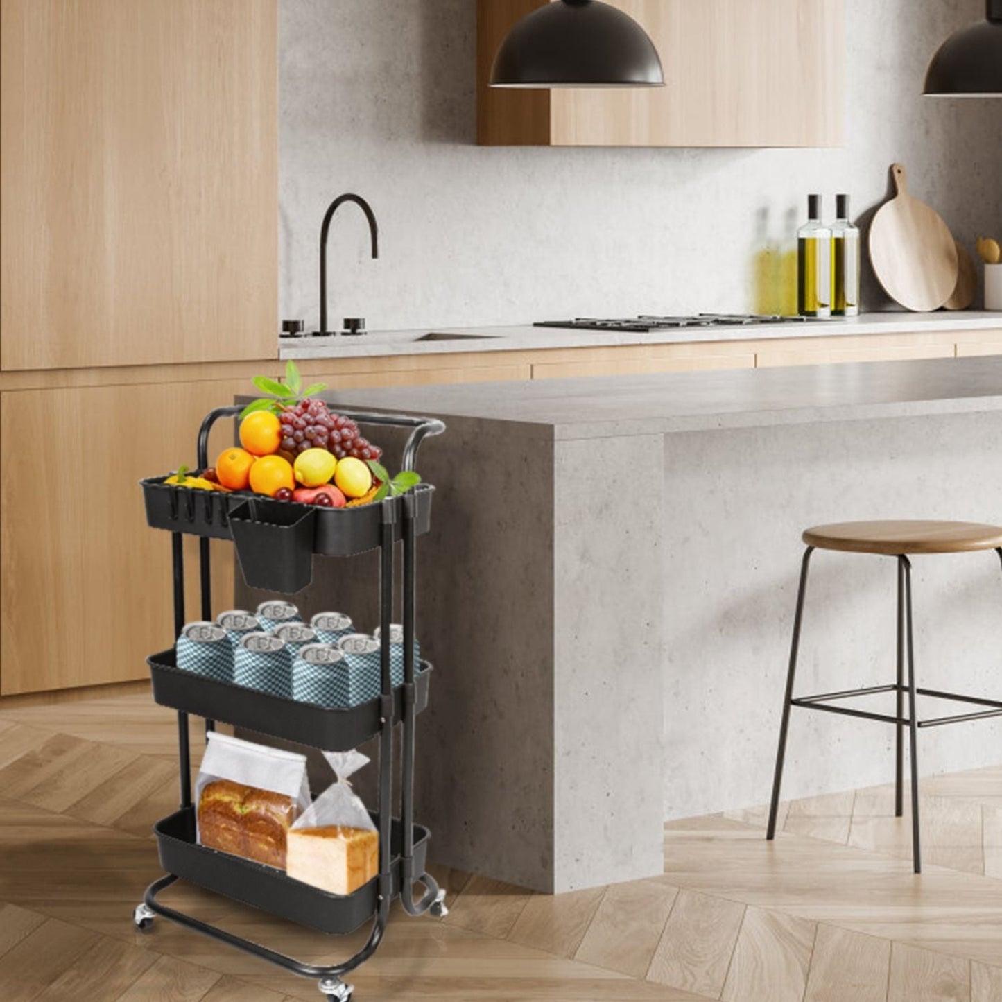 3 Tier Rolling Utility Cart Movable Storage Organizer with Mesh Baskets Lockable Wheels 360 Degree Rotatable Hanging Box Hooks Bedroom Bathroom Kitchen - Renee Lane Company