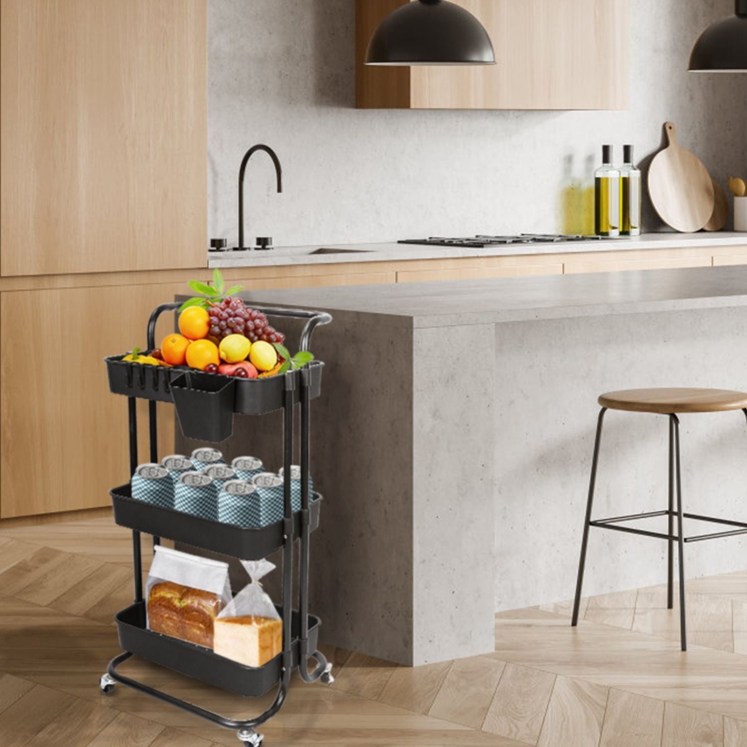 3 Tier Rolling Utility Cart Movable Storage Organizer with Mesh Baskets Lockable Wheels 360 Degree Rotatable Hanging Box Hooks Bedroom Bathroom Kitchen - Renee Lane Company