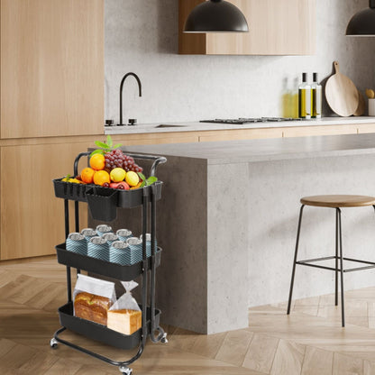 3 Tier Rolling Utility Cart Movable Storage Organizer with Mesh Baskets Lockable Wheels 360 Degree Rotatable Hanging Box Hooks Bedroom Bathroom Kitchen - Renee Lane Company