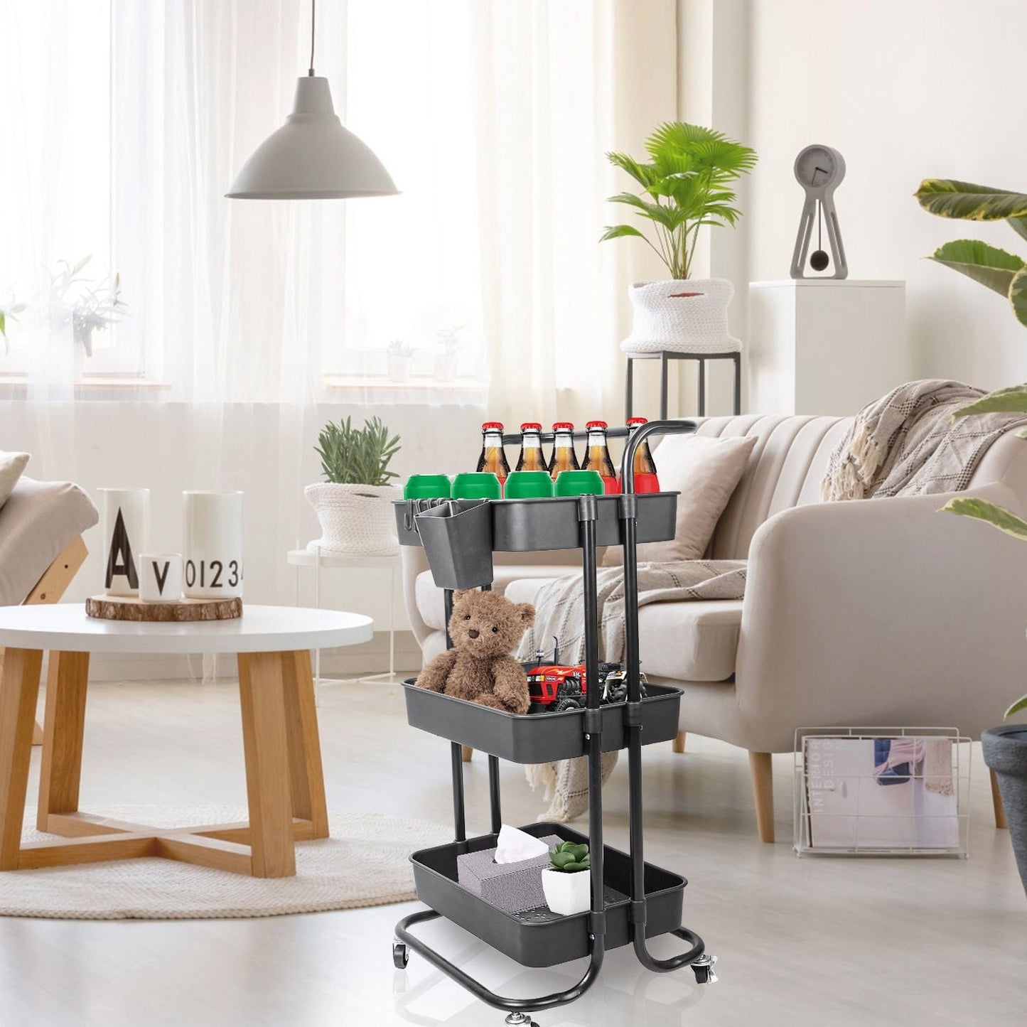 3 Tier Rolling Utility Cart Movable Storage Organizer with Mesh Baskets Lockable Wheels 360 Degree Rotatable Hanging Box Hooks Bedroom Bathroom Kitchen - Renee Lane Company