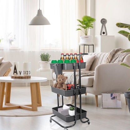 3 Tier Rolling Utility Cart Movable Storage Organizer with Mesh Baskets Lockable Wheels 360 Degree Rotatable Hanging Box Hooks Bedroom Bathroom Kitchen - Renee Lane Company