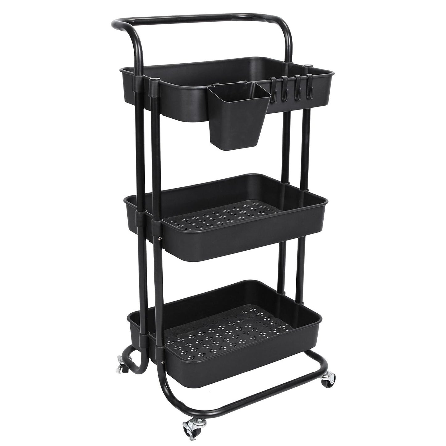 3 Tier Rolling Utility Cart Movable Storage Organizer with Mesh Baskets Lockable Wheels 360 Degree Rotatable Hanging Box Hooks Bedroom Bathroom Kitchen - Renee Lane Company