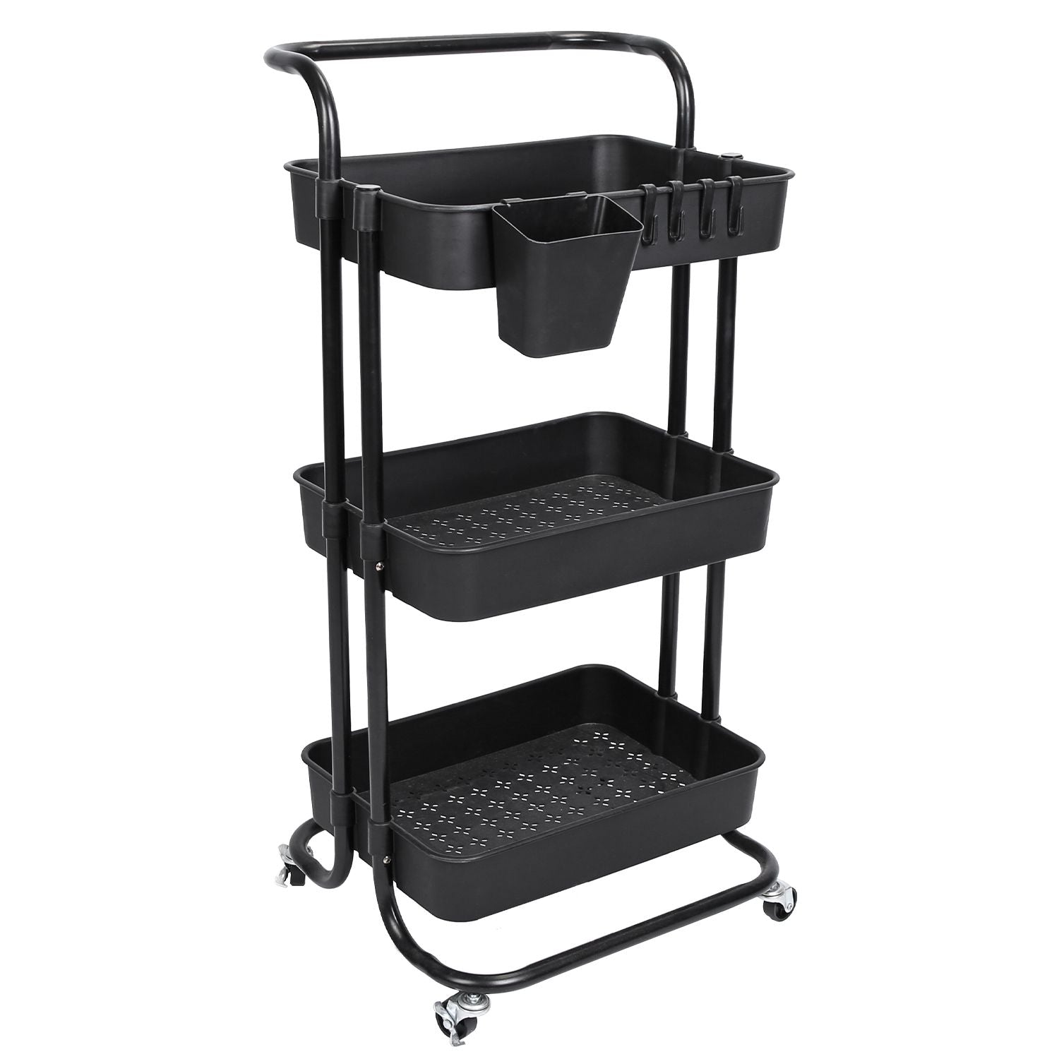 3 Tier Rolling Utility Cart Movable Storage Organizer with Mesh Baskets Lockable Wheels 360 Degree Rotatable Hanging Box Hooks Bedroom Bathroom Kitchen - Renee Lane Company
