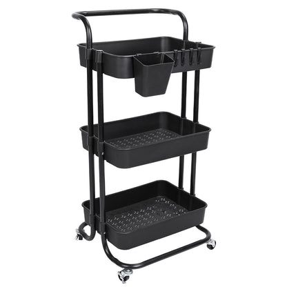 3 Tier Rolling Utility Cart Movable Storage Organizer with Mesh Baskets Lockable Wheels 360 Degree Rotatable Hanging Box Hooks Bedroom Bathroom Kitchen - Renee Lane Company