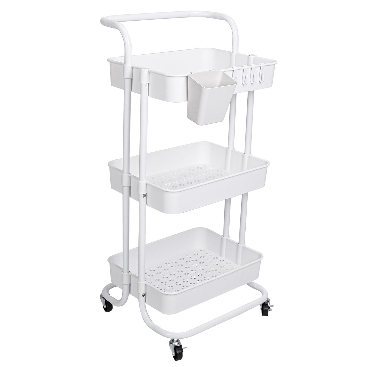 3 Tier Rolling Utility Cart Movable Storage Organizer with Mesh Baskets Lockable Wheels 360 Degree Rotatable Hanging Box Hooks Bedroom Bathroom Kitchen - Renee Lane Company