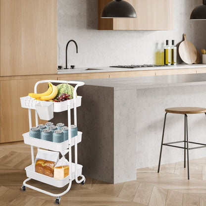 3 Tier Rolling Utility Cart Movable Storage Organizer with Mesh Baskets Lockable Wheels 360 Degree Rotatable Hanging Box Hooks Bedroom Bathroom Kitchen - Renee Lane Company