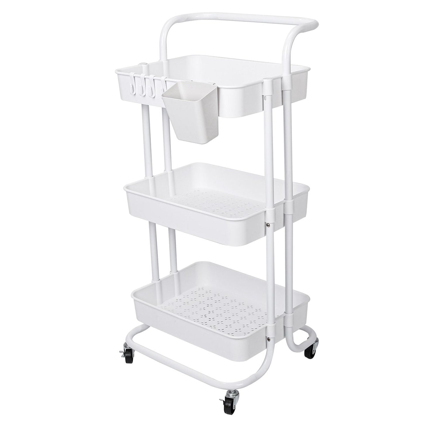 3 Tier Rolling Utility Cart Movable Storage Organizer with Mesh Baskets Lockable Wheels 360 Degree Rotatable Hanging Box Hooks Bedroom Bathroom Kitchen - Renee Lane Company