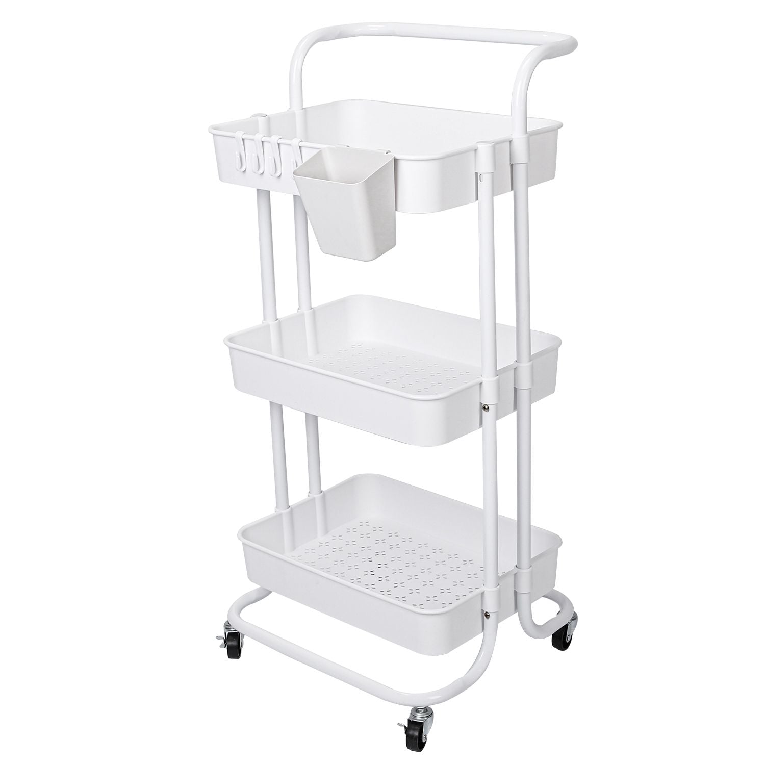3 Tier Rolling Utility Cart Movable Storage Organizer with Mesh Baskets Lockable Wheels 360 Degree Rotatable Hanging Box Hooks Bedroom Bathroom Kitchen - Renee Lane Company