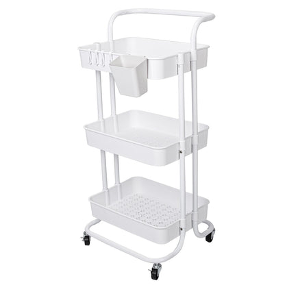 3 Tier Rolling Utility Cart Movable Storage Organizer with Mesh Baskets Lockable Wheels 360 Degree Rotatable Hanging Box Hooks Bedroom Bathroom Kitchen - Renee Lane Company