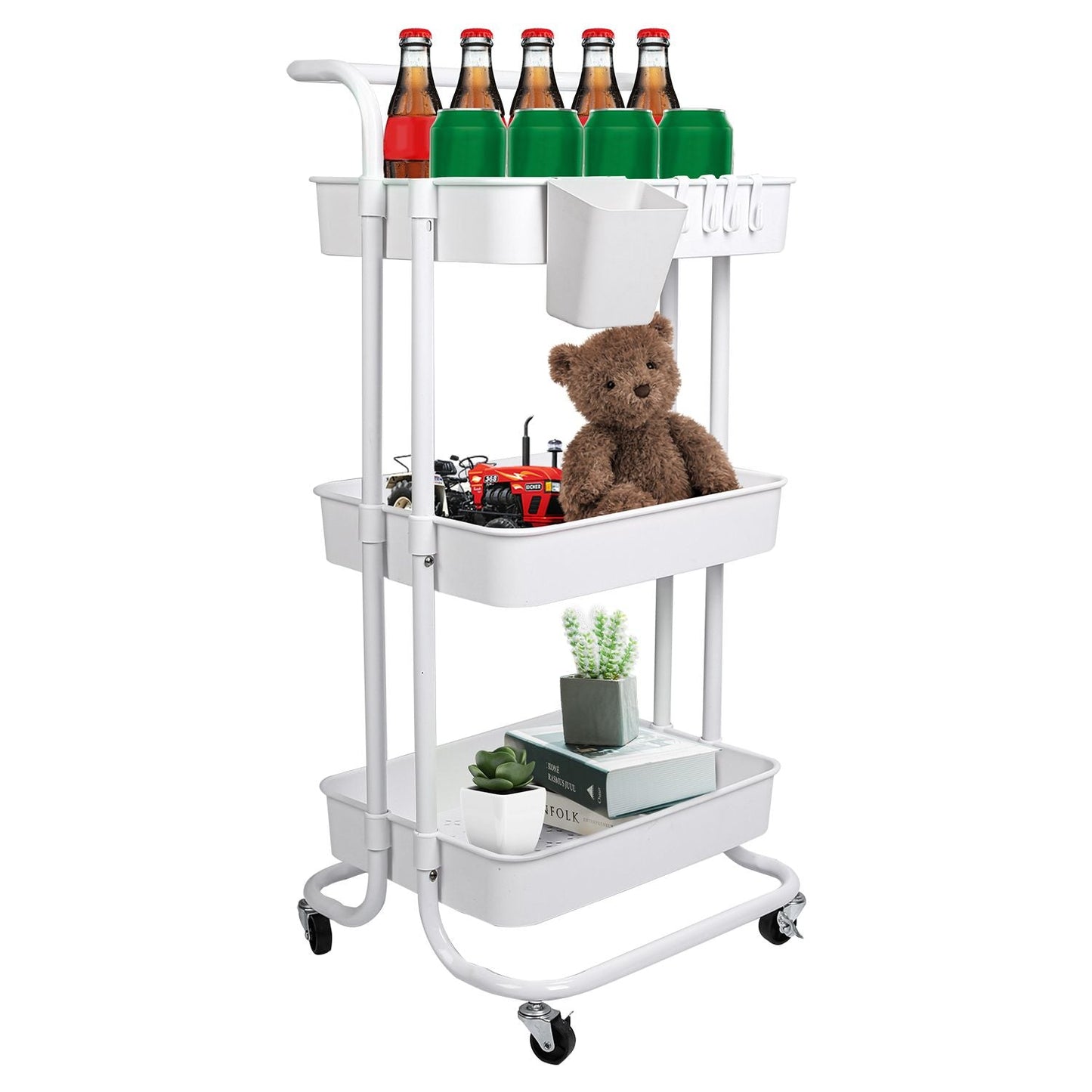 3 Tier Rolling Utility Cart Movable Storage Organizer with Mesh Baskets Lockable Wheels 360 Degree Rotatable Hanging Box Hooks Bedroom Bathroom Kitchen - Renee Lane Company