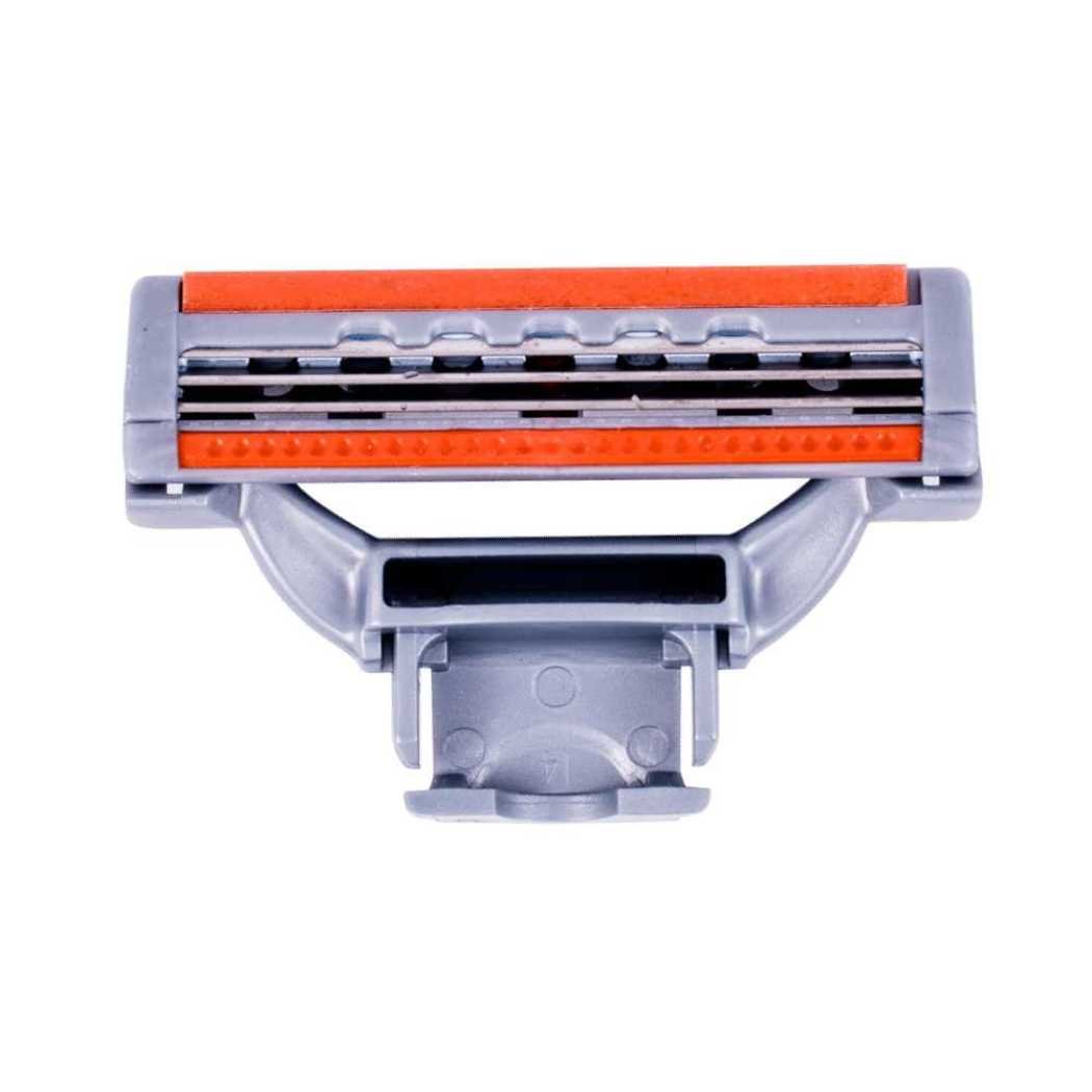 3-blade cartridge razor head with orange guard and gray base